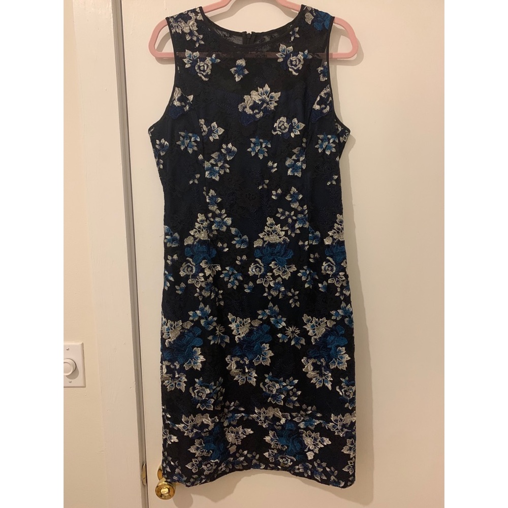 Navy and Silver Floral Sheath Dress